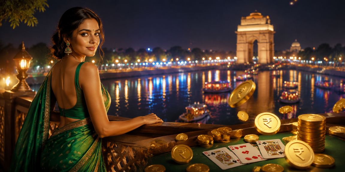 User playing Rummy on mobile in front of India Gate, Delhi